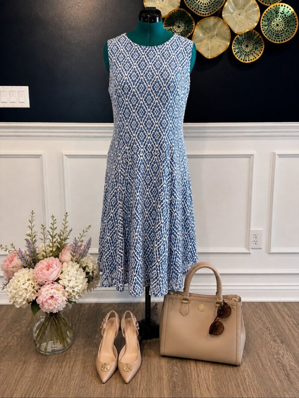 Tommy Hilfiger Blue White Sleeveless Midi Dress Fit & Flare Summer Classic Sz 16